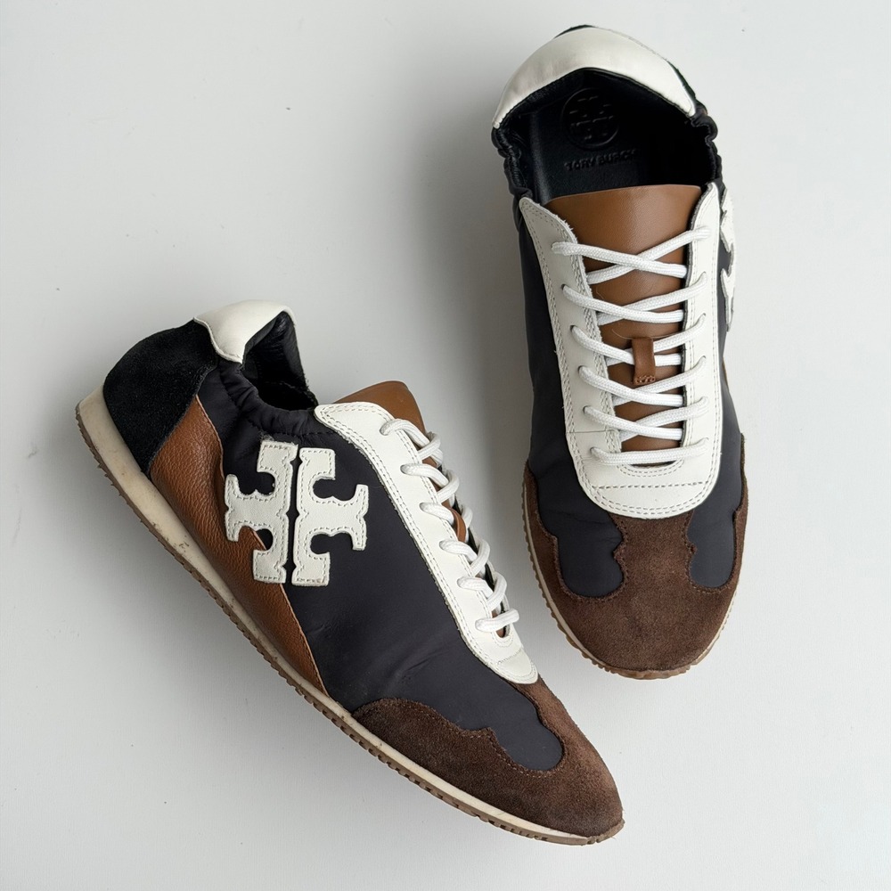 Tory Burch "Tory" Sneaker Womens 8.5 Brown Black Suede Retro Low Top Trainers